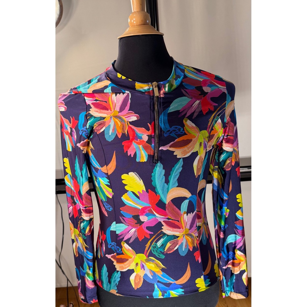 La Blanca Womens Floral Long Sleeve Rash Guard Navy Blue Size L